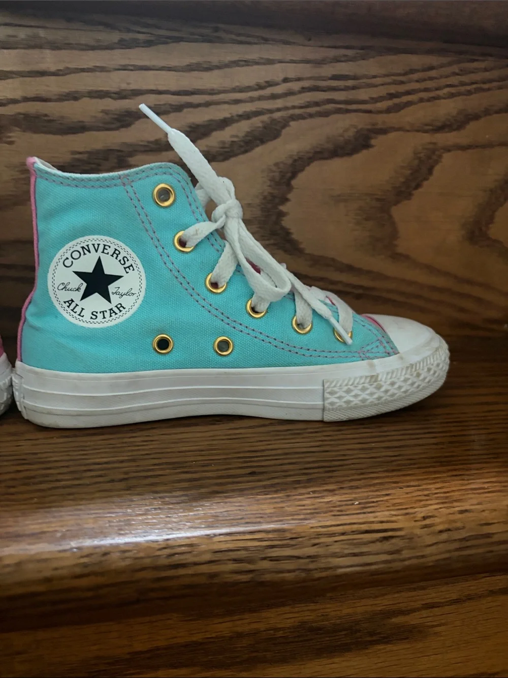 Converse Custom Kids High-Top Canvas Sneakers Turquoise w/Pink Accent - Sz 11.5